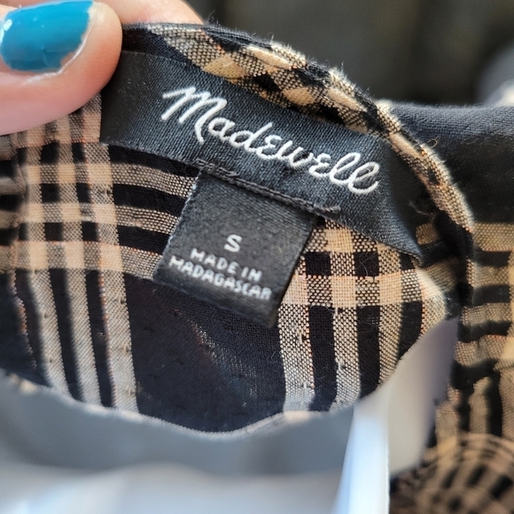 Madewell Black Tan Cream Plaid Short Sleeve Blouse Ruffle Trim Small Holiday Top - Picture 6 of 6